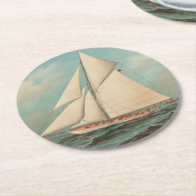 Nautical Vintage Yachts Racing #1 Round Paper Coaster (Angled)