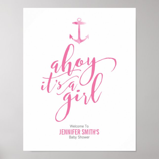 Nautical Watercolor Anchor Pink Baby Shower Welcom Poster (Front)