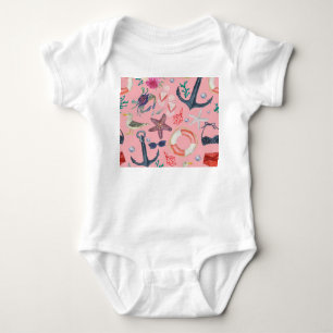 Nautical Watercolor Anchor Starfish Pattern Baby Bodysuit