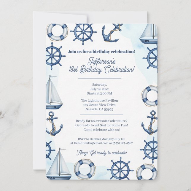 Nautical Watercolor Anchor Wheel Border Invitation (Front)