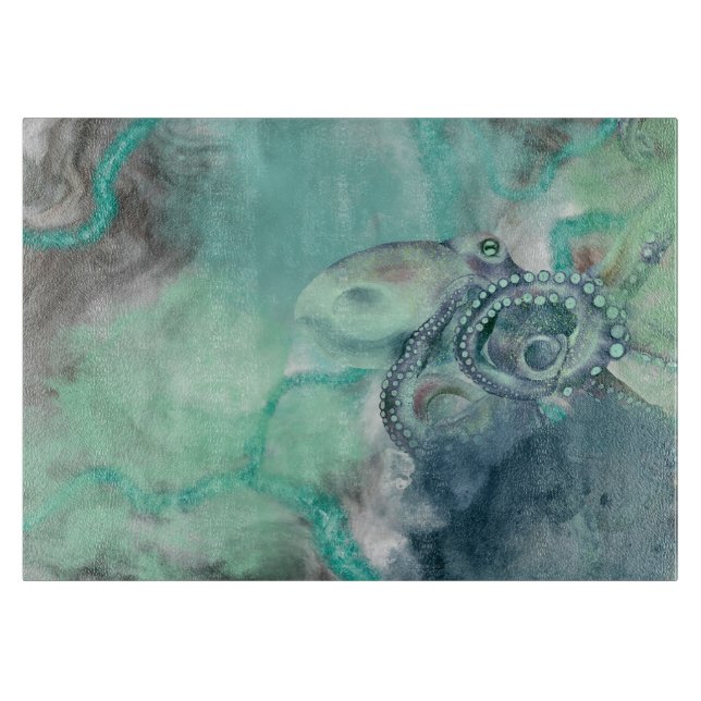 Nautical Watercolor Aqua Ocean Octopus  Cutting Board (Front)