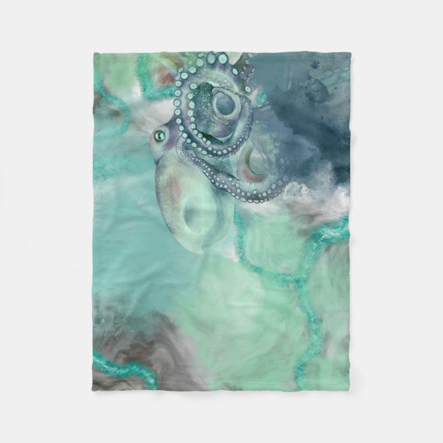 Nautical Watercolor Aqua Ocean Octopus  Fleece Blanket (Front)