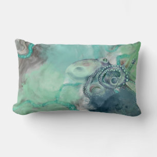 Nautical Watercolor Aqua Ocean Octopus  Lumbar Cushion