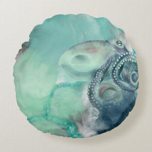 Nautical Watercolor Aqua Ocean Octopus Round Cushion