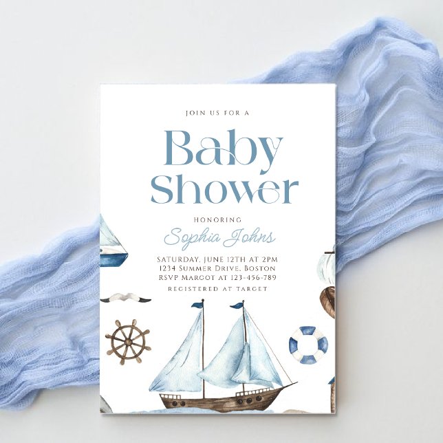 Nautical Watercolor Blue Boat boy baby shower Invitation (Creator Uploaded)
