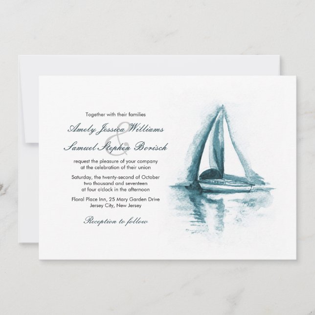 Nautical Watercolor Boat Wedding Invitation (Front)