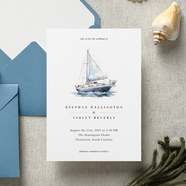 Nautical Watercolor Boat Yacht Coastal Wedding Invitation (Creator Uploaded)