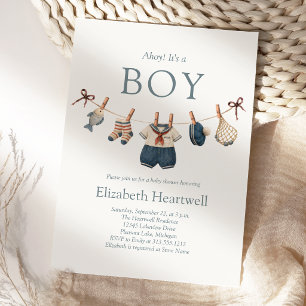 Nautical Watercolor Clothesline Boy Baby Shower Invitation