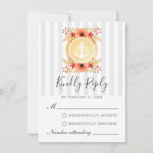 Nautical Watercolor Floral Gold Anchor RSVP Card