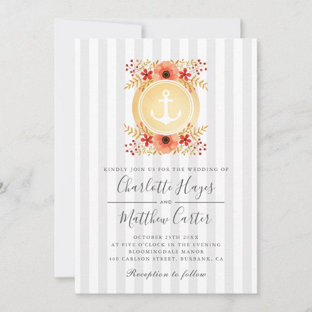 Nautical Watercolor Floral Gold Anchor Wedding Invitation (Front)