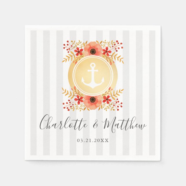 Nautical Watercolor Floral Gold Anchor Wedding Napkin (Front)