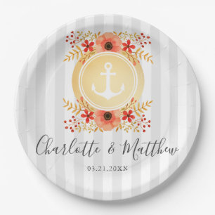 Nautical Watercolor Floral Gold Anchor Wedding Paper Plate