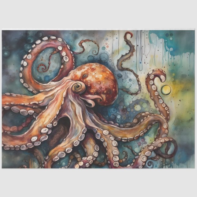 Nautical Watercolor Octopus Decoupage Paper  (Front)