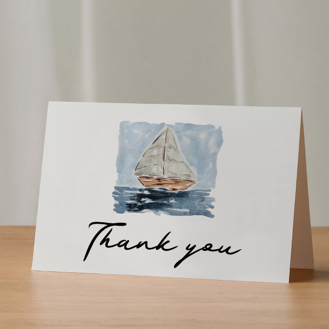Nautical Watercolor Sailboat Baby Shower Thank You (Nautical watercolor sailboat Thank You folded greeting card.)