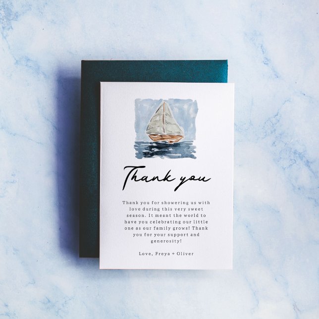 Nautical Watercolor Sailboat Baby Shower Thank You (Nautical watercolor sailboat baby shower Thank You cards.)