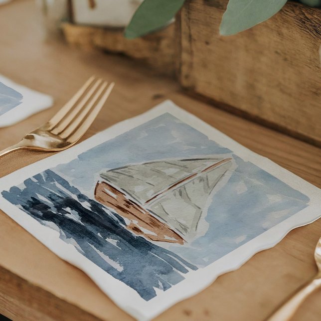 Nautical Watercolor Sailboat Painting Baby Shower Napkin (Blue nautical watercolor sailboat modern baby shower napkins.)