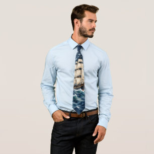 Nautical Watercolor Sailing Ship Tie