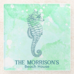 Nautical Watercolor Seahorse Personalised Glass Coaster