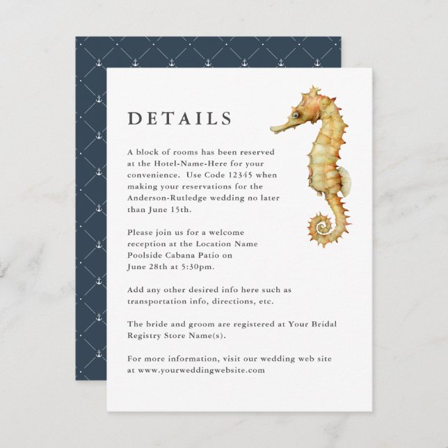 Nautical Watercolor Seahorse Wedding Details Info Enclosure Card (Front/Back)