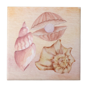 Nautical watercolor Seashells pink painting art Tile