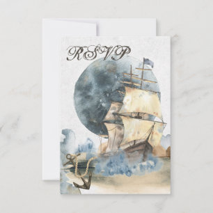 Nautical Watercolor Ship and Full Moon Wedding RSVP Card