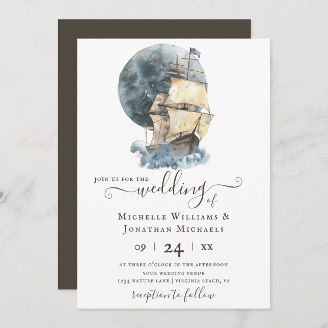 Nautical Watercolor Ship Sailing Beach Wedding Invitation (Front/Back)
