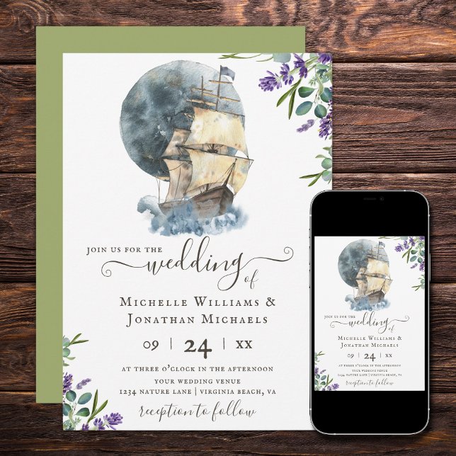 Nautical Watercolor Ship Sailing Lavender Wedding Invitation (Creator Uploaded)