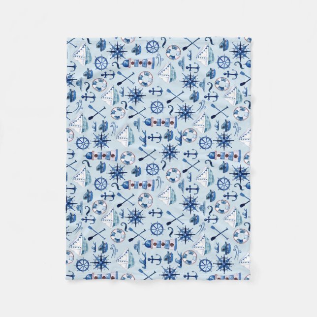Nautical Watercolor Throw Fleece Blanket (Front)