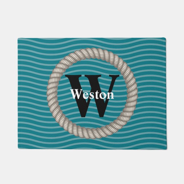 Nautical Waves and White Rope Monogram Doormat (Front)