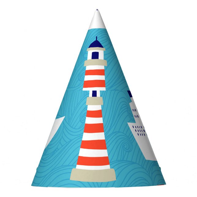 Nautical Waves: Lighthouse Cruiser Pattern. Party Hat (Front)