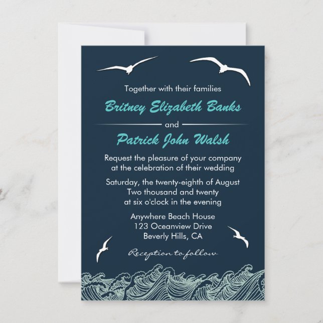 Nautical Waves & Seagulls Navy Wedding Invitations (Front)