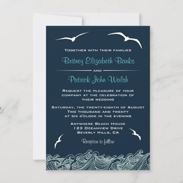 Nautical Waves & Seagulls Navy Wedding Invitations (Front)