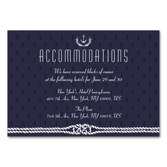 Nautical Wedding Accommodation Card Blue Anchors (Front)