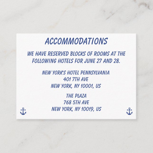 Nautical Wedding Accommodations Business Cards (Front)