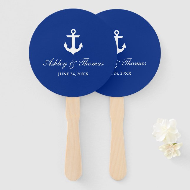Nautical Wedding Anchor Blue Round Hand Fan (Front and Back)