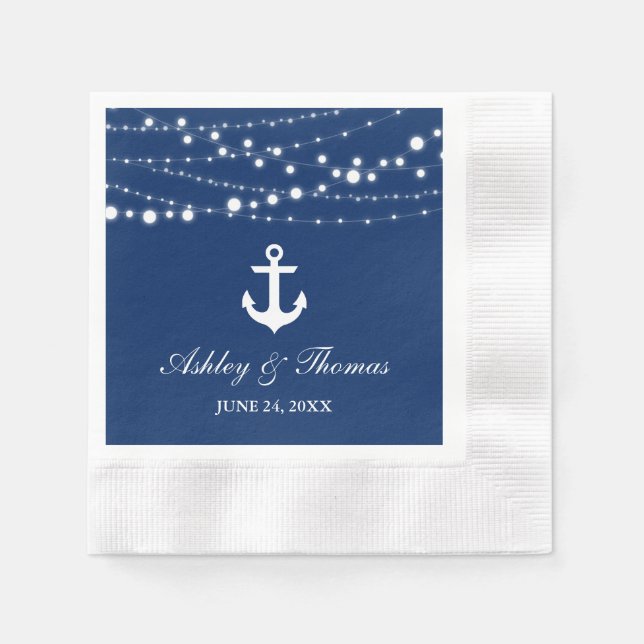 Nautical Wedding Anchor String Lights Navy Blue Napkin (Front)