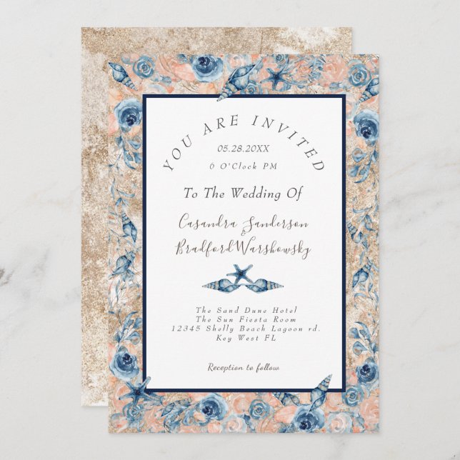 Nautical Wedding Beach Sea Shell Flowers Rose LT I Invitation (Front/Back)