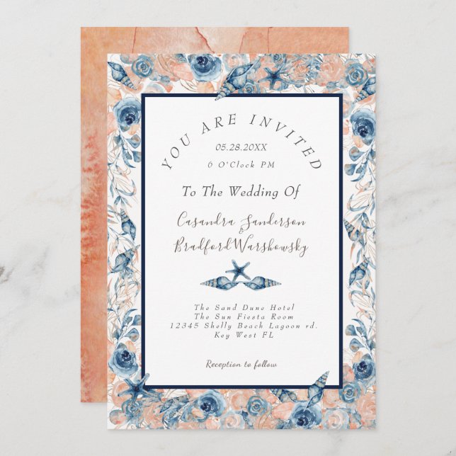 Nautical Wedding Beach Sea Shell Flowers Rose Pc Invitation (Front/Back)
