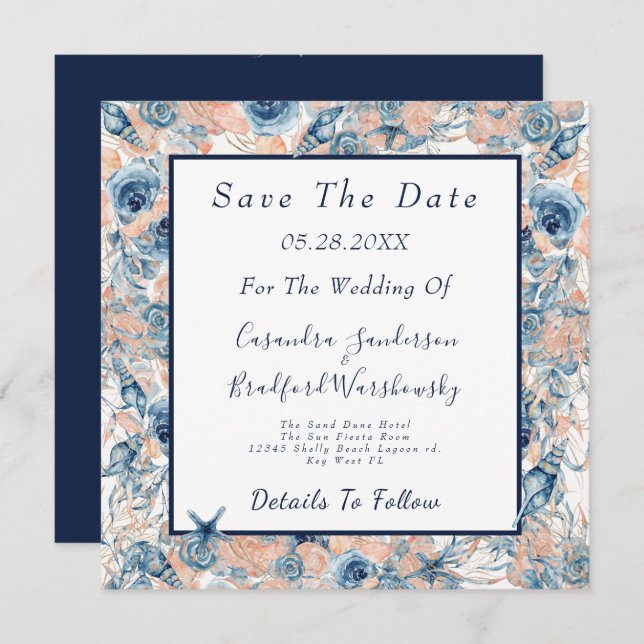 Nautical Wedding Beach Sea Shell Flowers  Save The Date (Front/Back)
