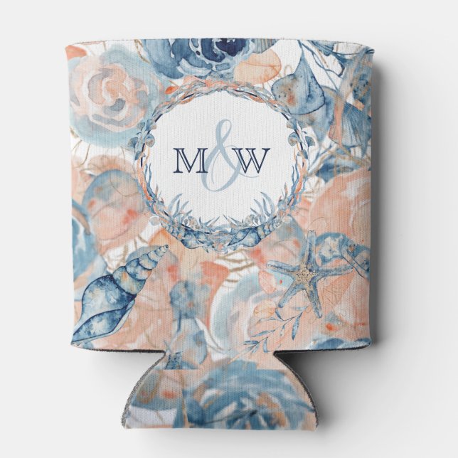 Nautical Wedding Beach Seashell and Roses Can Cooler (Back)