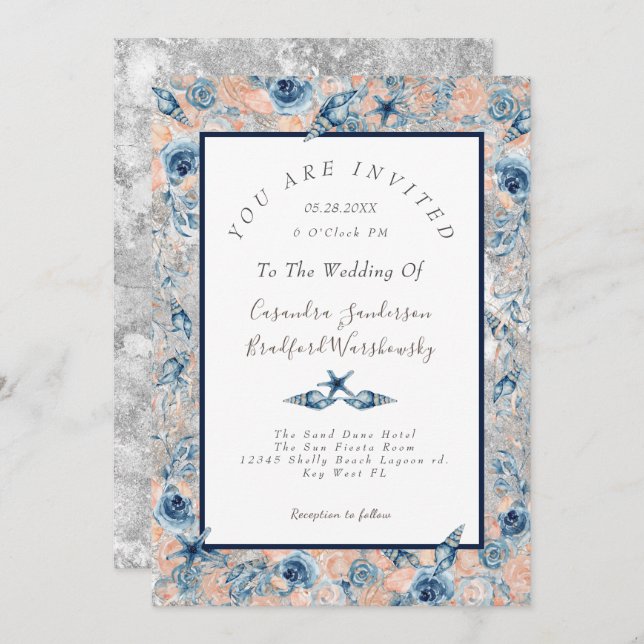 Nautical Wedding Beach Seashell Flowers Roses Grey Invitation (Front/Back)