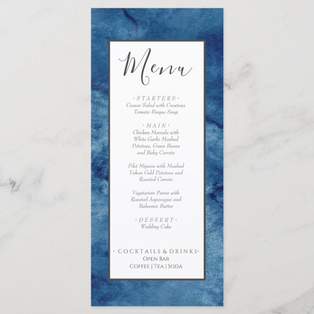 Nautical Wedding Beach Watercolor Navy Blue Menu (Front)