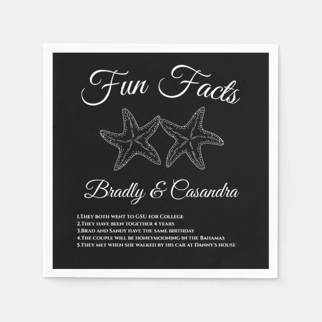 Nautical Wedding Black and White Starfish Fun Fact Napkin (Front)