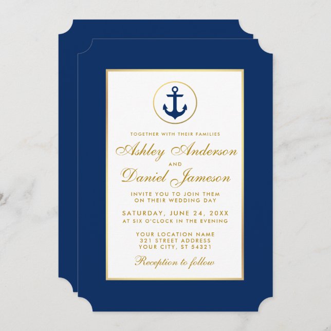 Nautical Wedding Blue Anchor and Gold Invitation (Front/Back)