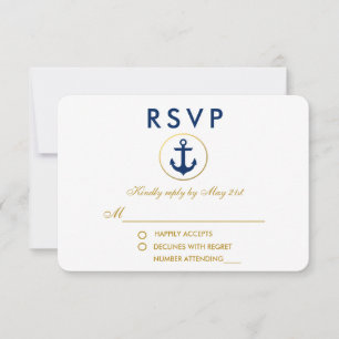 Nautical Wedding Blue Anchor Gold RSVP Card