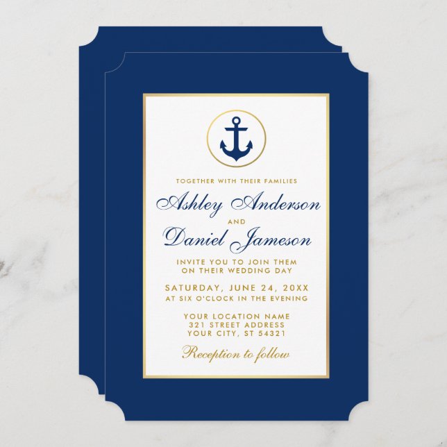 Nautical Wedding Blue and Gold Invitation (Front/Back)