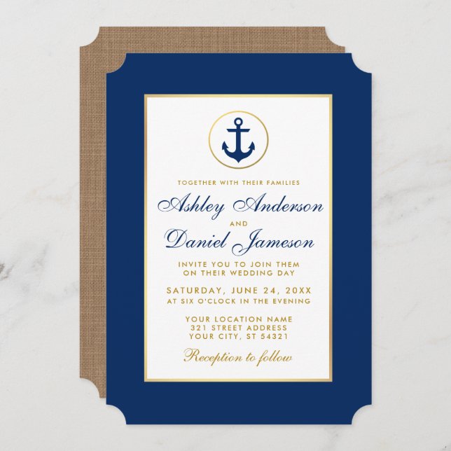 Nautical Wedding Blue and Gold Invitation B (Front/Back)