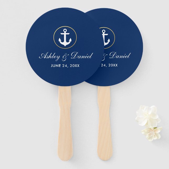 Nautical Wedding Blue and Gold Round Hand Fan (Front and Back)