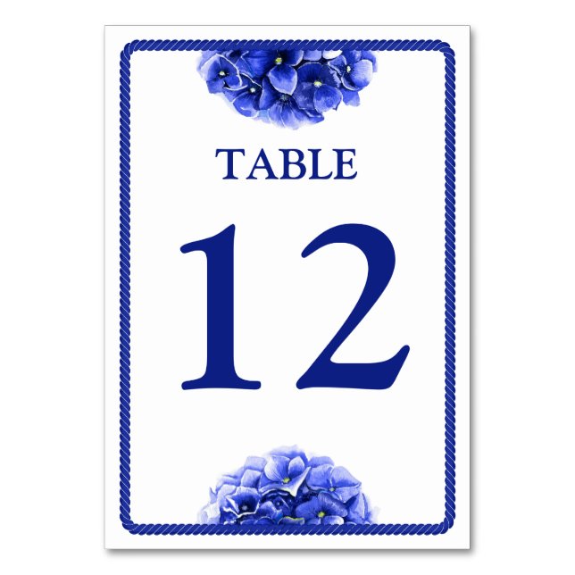 Nautical Wedding Blue Floral Watercolor Hydrangea Table Number (Front)
