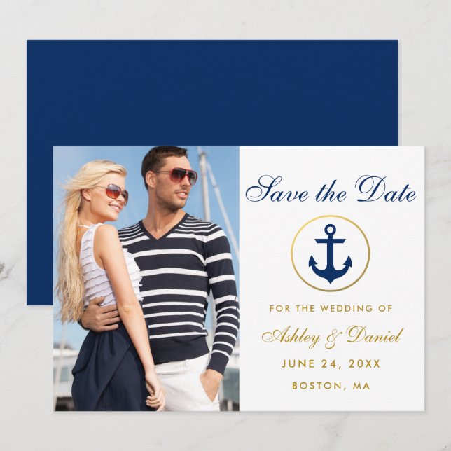 Nautical Wedding Blue Gold Save The Date Photo (Front/Back)